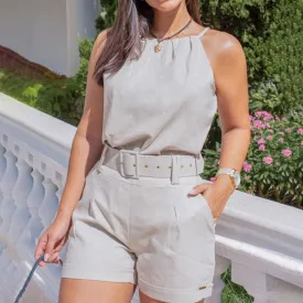 2-Piece Sleeveless Solid Color Backless Shorts Matching Set