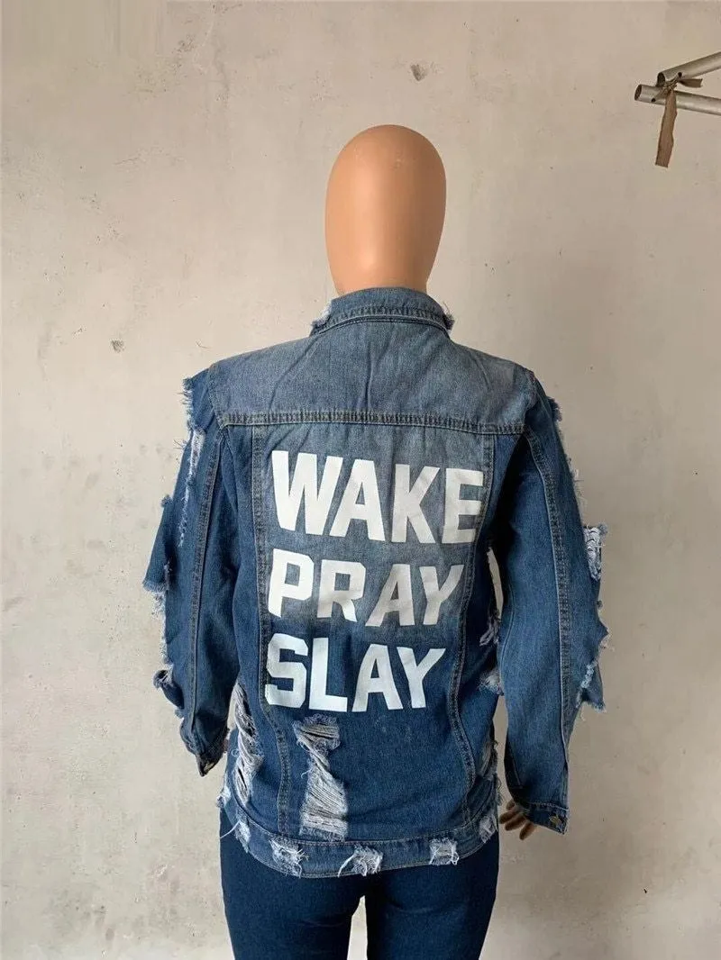 3XL "Wake Pray Slay" Letter Blue Denim Ripped Hole Jacket Plus Size Women