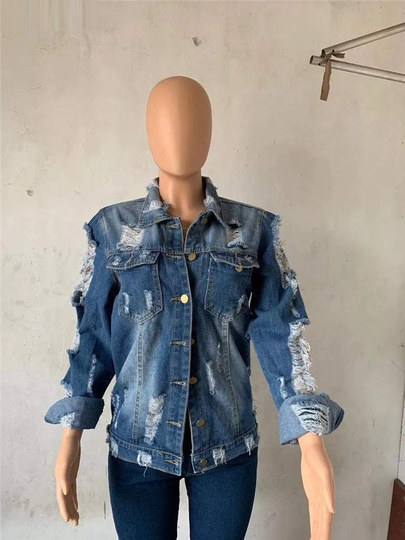 3XL "Wake Pray Slay" Letter Blue Denim Ripped Hole Jacket Plus Size Women