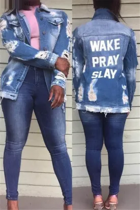 3XL "Wake Pray Slay" Letter Blue Denim Ripped Hole Jacket Plus Size Women