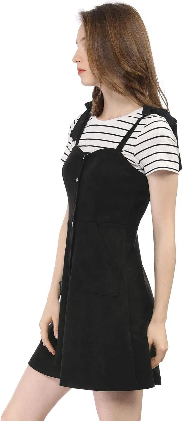 Allegra K Women's Casual Overall Dress Button Down Pockets Sleeveless Faux Suede Pinafore Dress