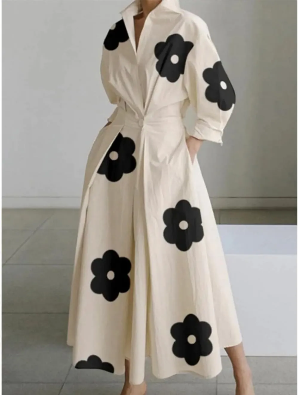 Bengbobar Womens Plus Size Leopard Print Shirt Dress with Pockets - V-Neck, Long Sleeves, A-Line, Maxi, White