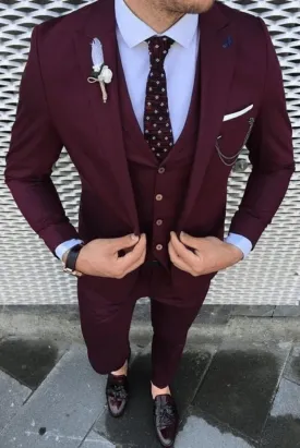 Bespoke Tailoring Wine Designer 3 Piece Slim Fit Suit for Men, Wedding Groom Suits