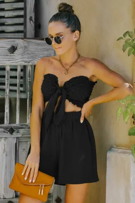 Black Smocked Frill Trim Tube Top and Shorts Set