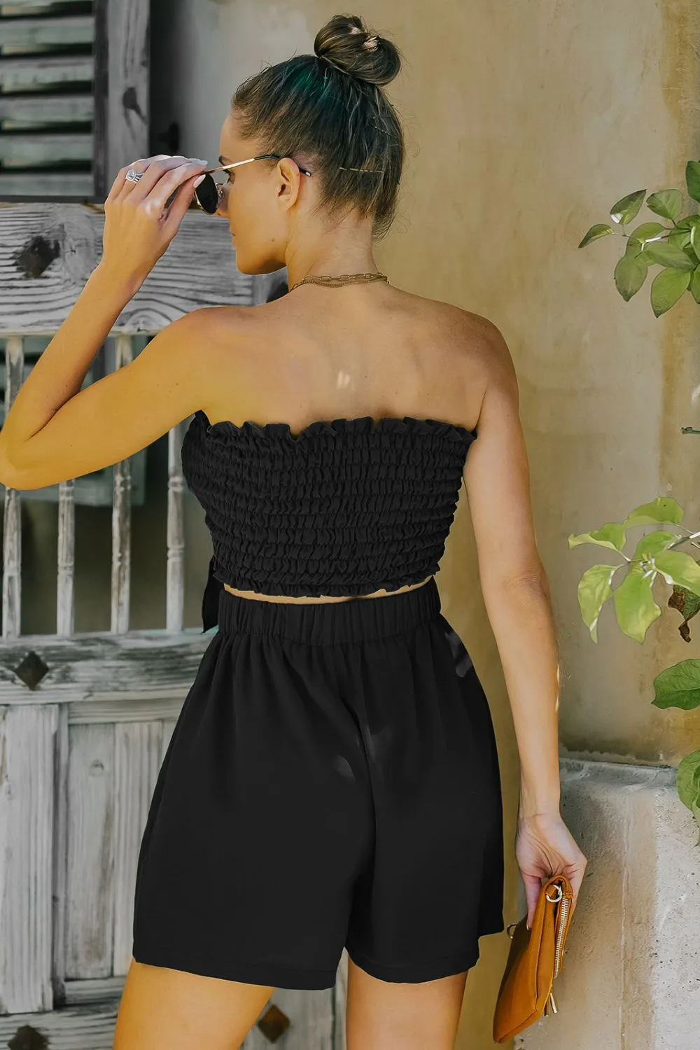 Black Smocked Frill Trim Tube Top and Shorts Set