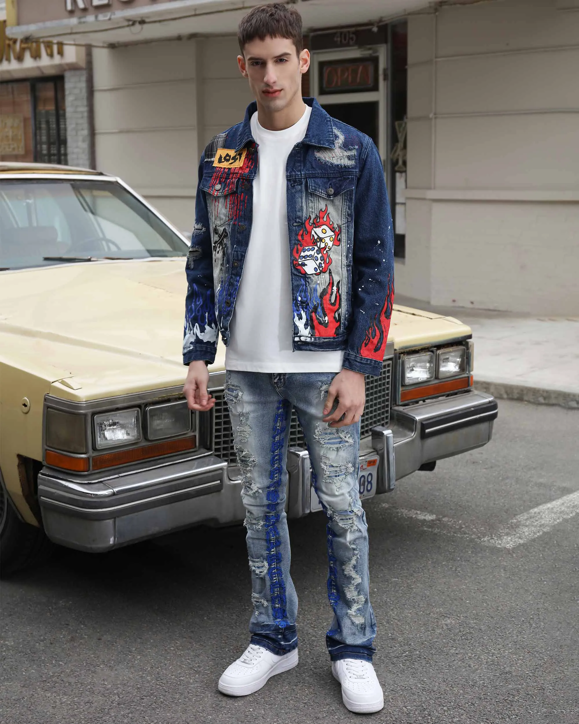 Blue Denim Jacket with Street Graffiti and Ripped-Mexico Local Delivery