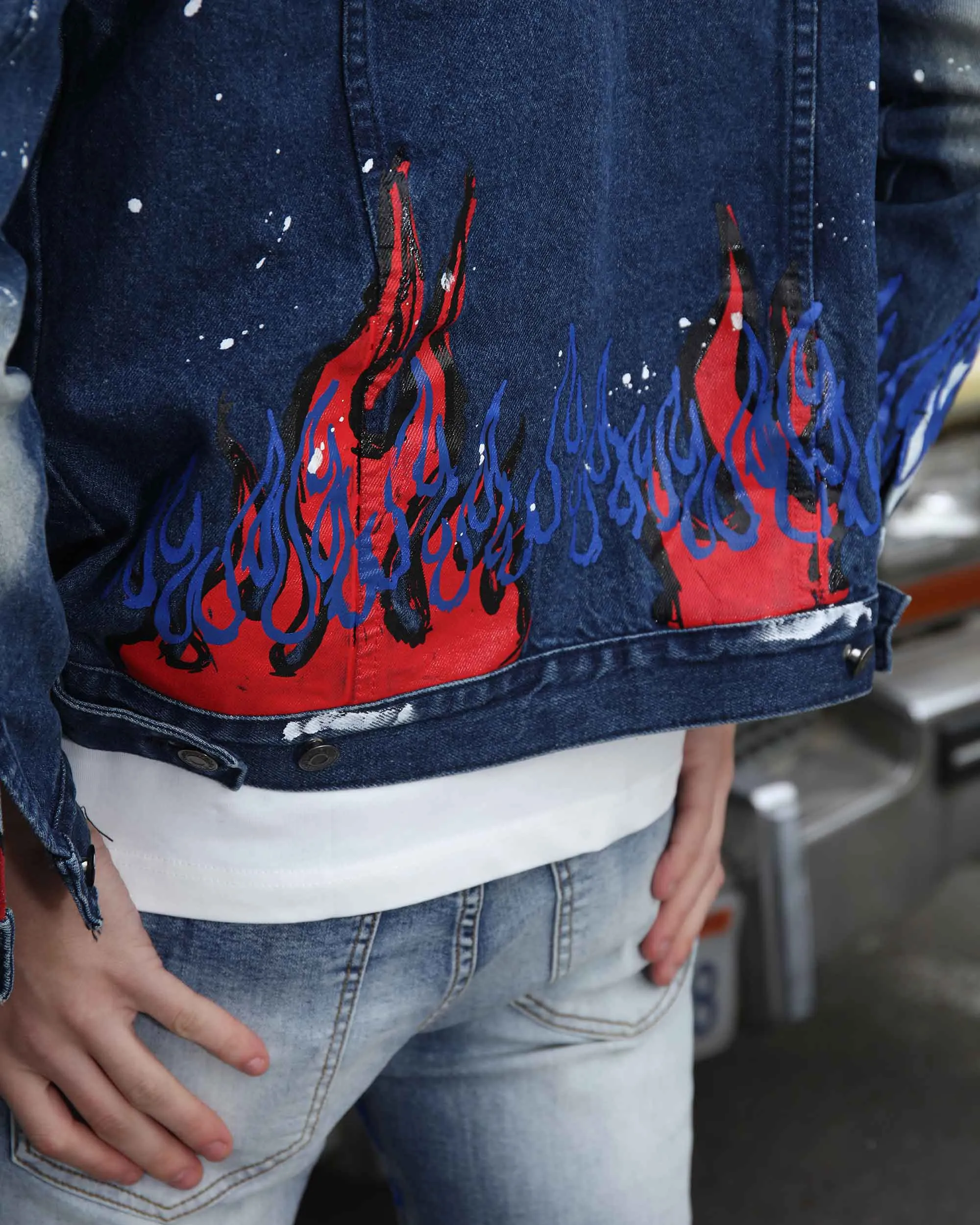Blue Denim Jacket with Street Graffiti and Ripped-Mexico Local Delivery