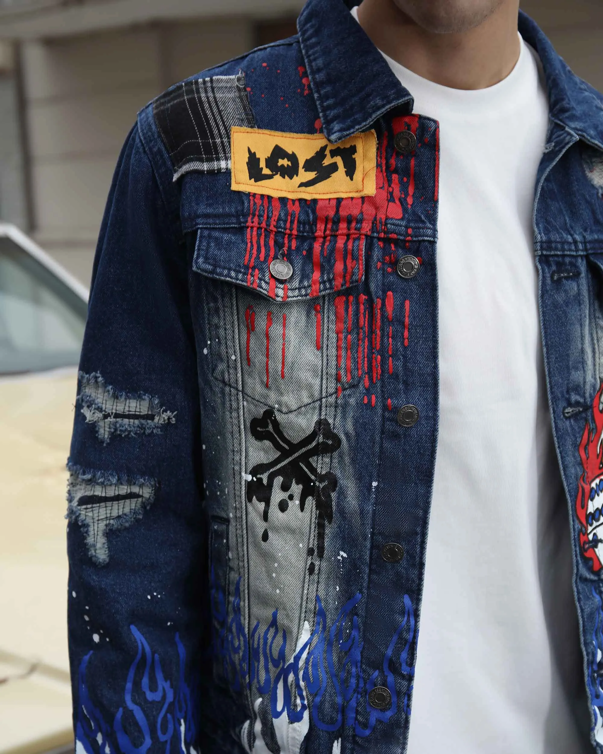 Blue Denim Jacket with Street Graffiti and Ripped-Mexico Local Delivery