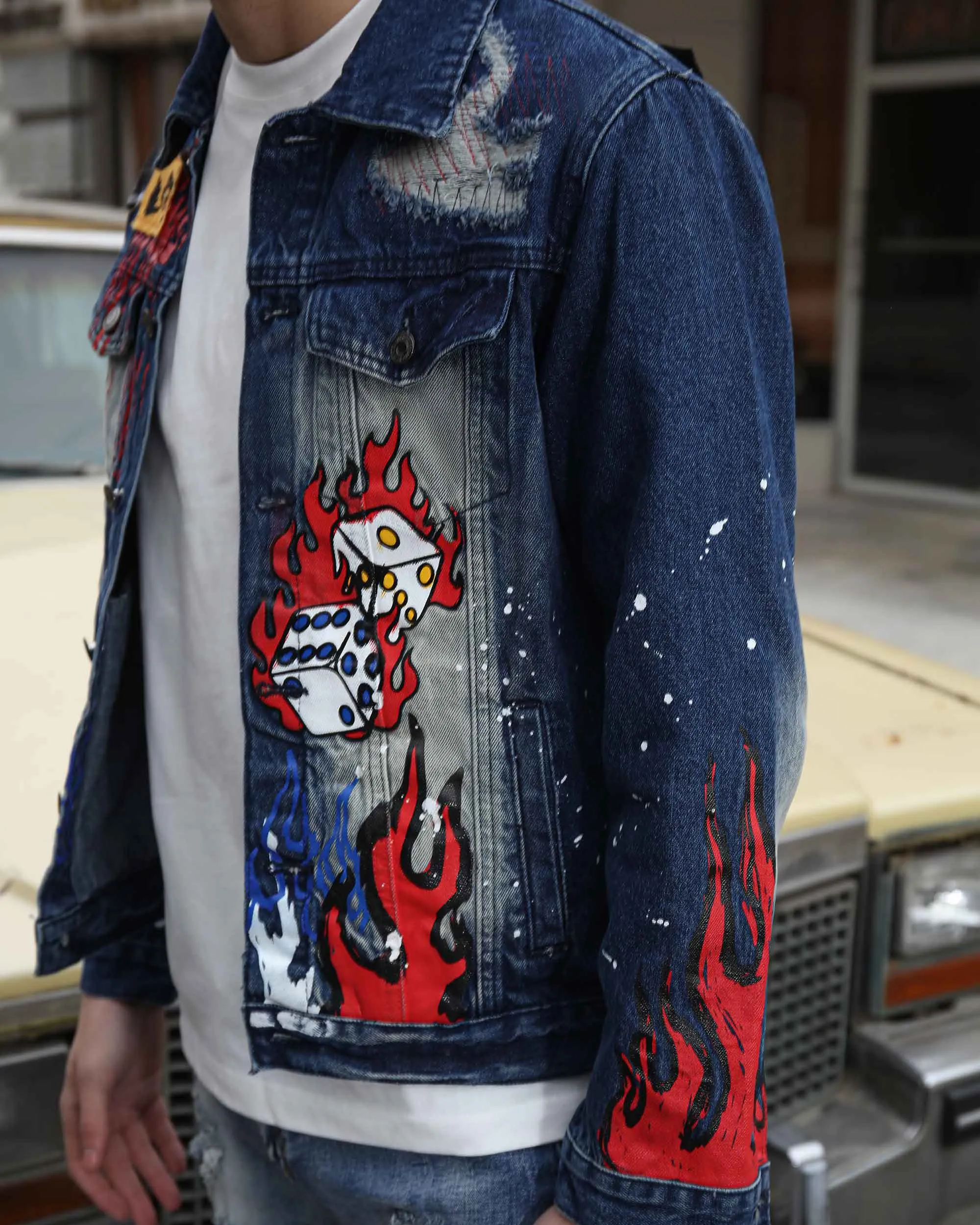 Blue Denim Jacket with Street Graffiti and Ripped-Mexico Local Delivery