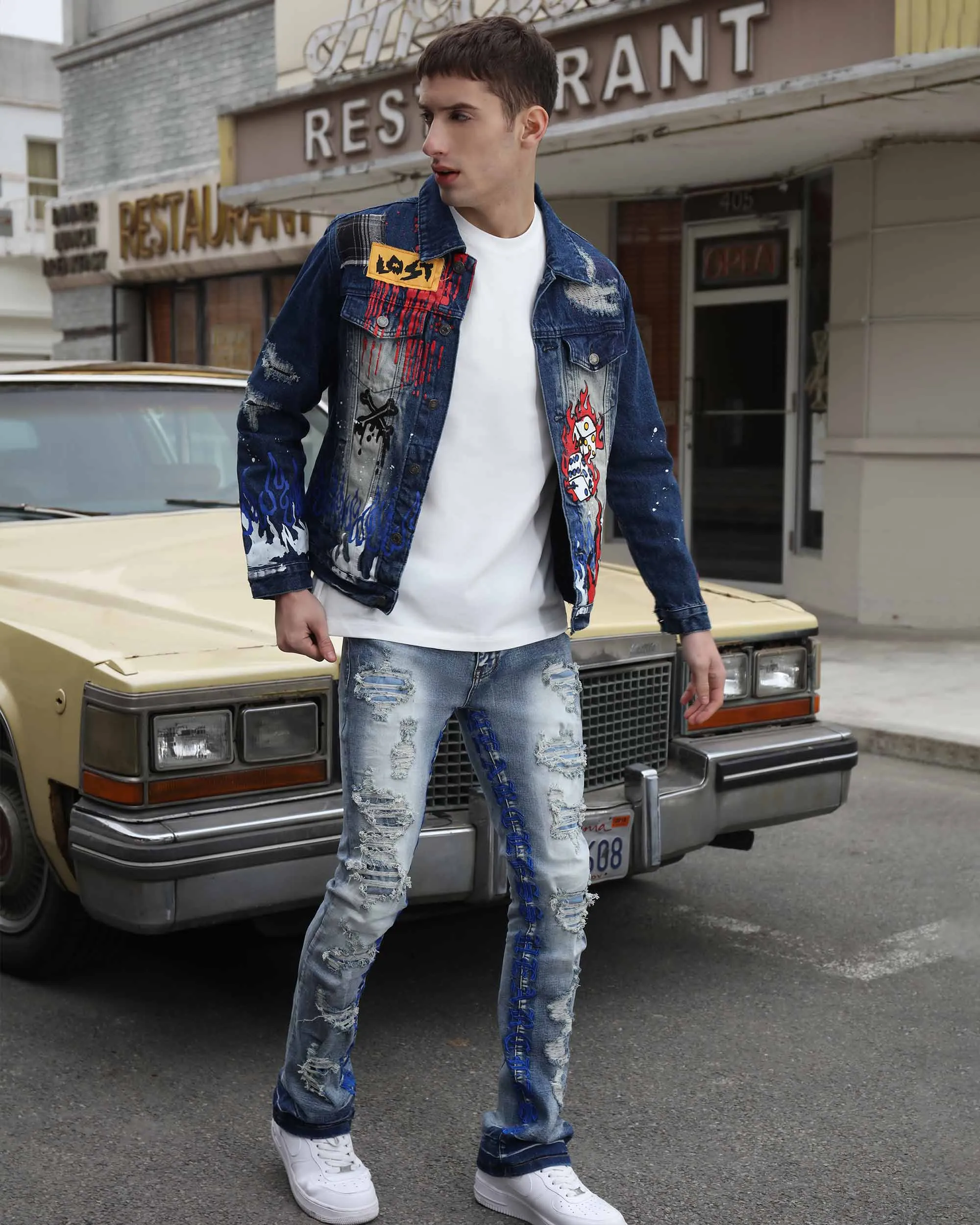 Blue Denim Jacket with Street Graffiti and Ripped-Mexico Local Delivery