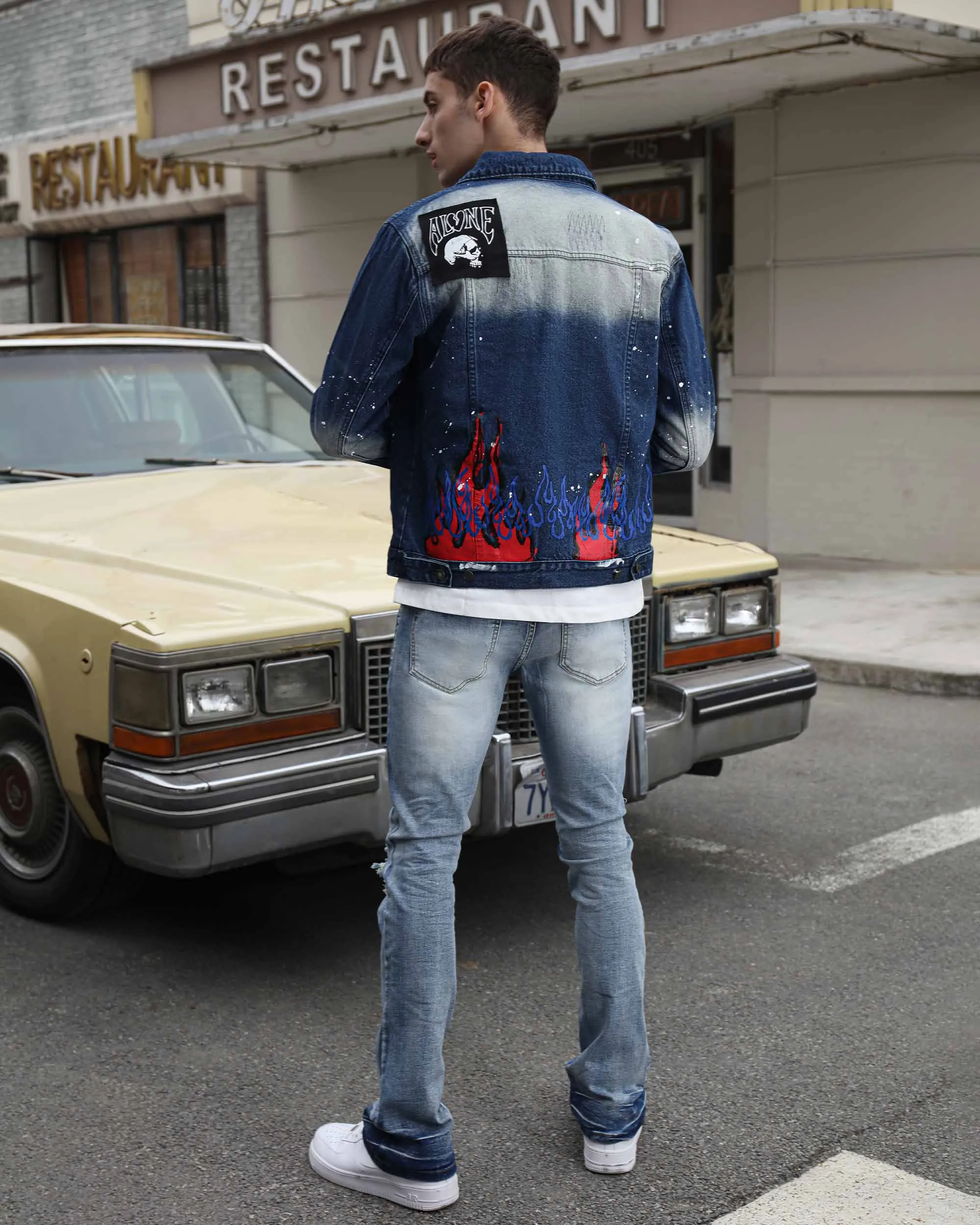Blue Denim Jacket with Street Graffiti and Ripped-Mexico Local Delivery