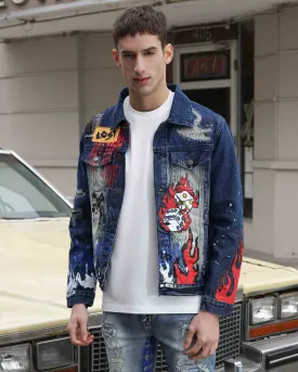 Blue Denim Jacket with Street Graffiti and Ripped-Mexico Local Delivery