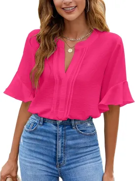 BMJL Womens White Blouses Chiffon Ruffle Short Sleeve V Neck Business Casual Tops Summer Cute Shirt