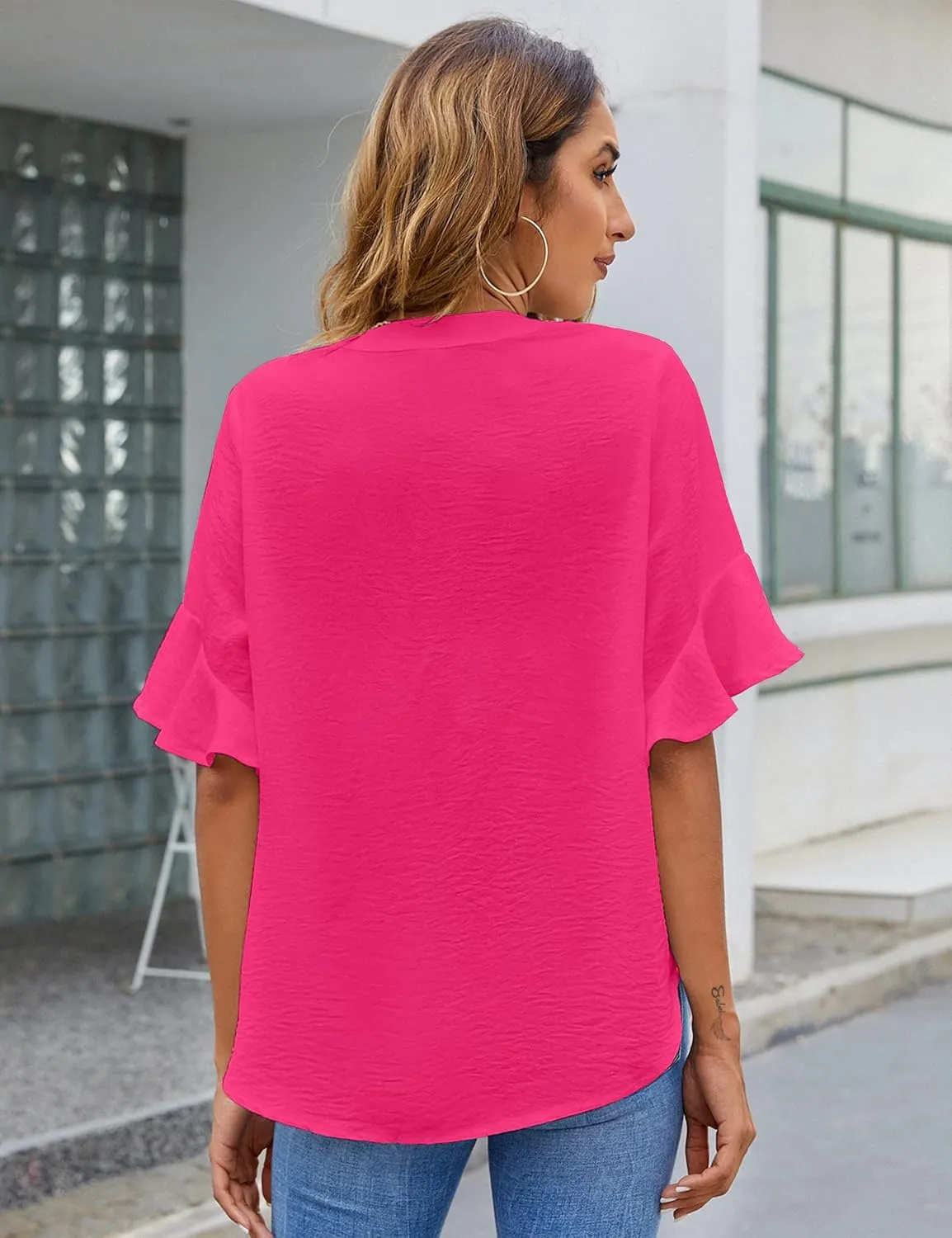 BMJL Womens White Blouses Chiffon Ruffle Short Sleeve V Neck Business Casual Tops Summer Cute Shirt