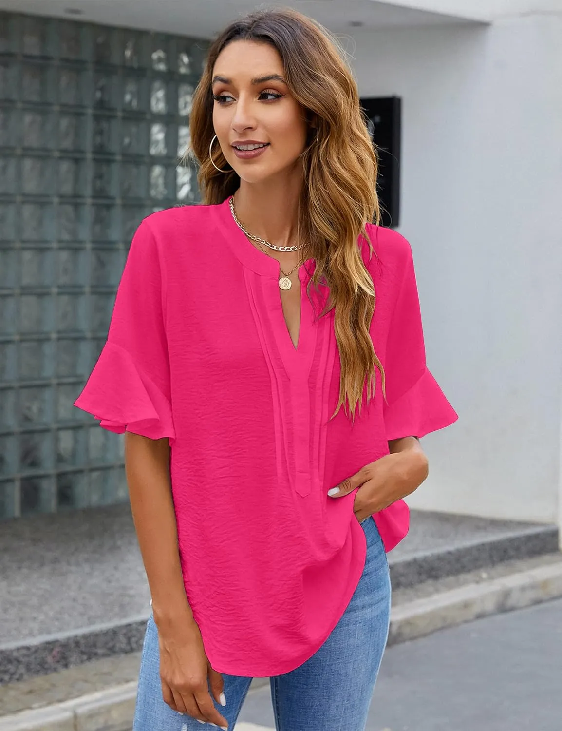 BMJL Womens White Blouses Chiffon Ruffle Short Sleeve V Neck Business Casual Tops Summer Cute Shirt
