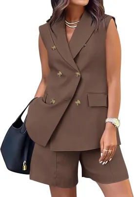 BTFBM Womens Blazer Vest Shorts Sets Lapel Neck Casual Sleeveless Button Down Office Summer 2 Piece Lounge Matching Sets