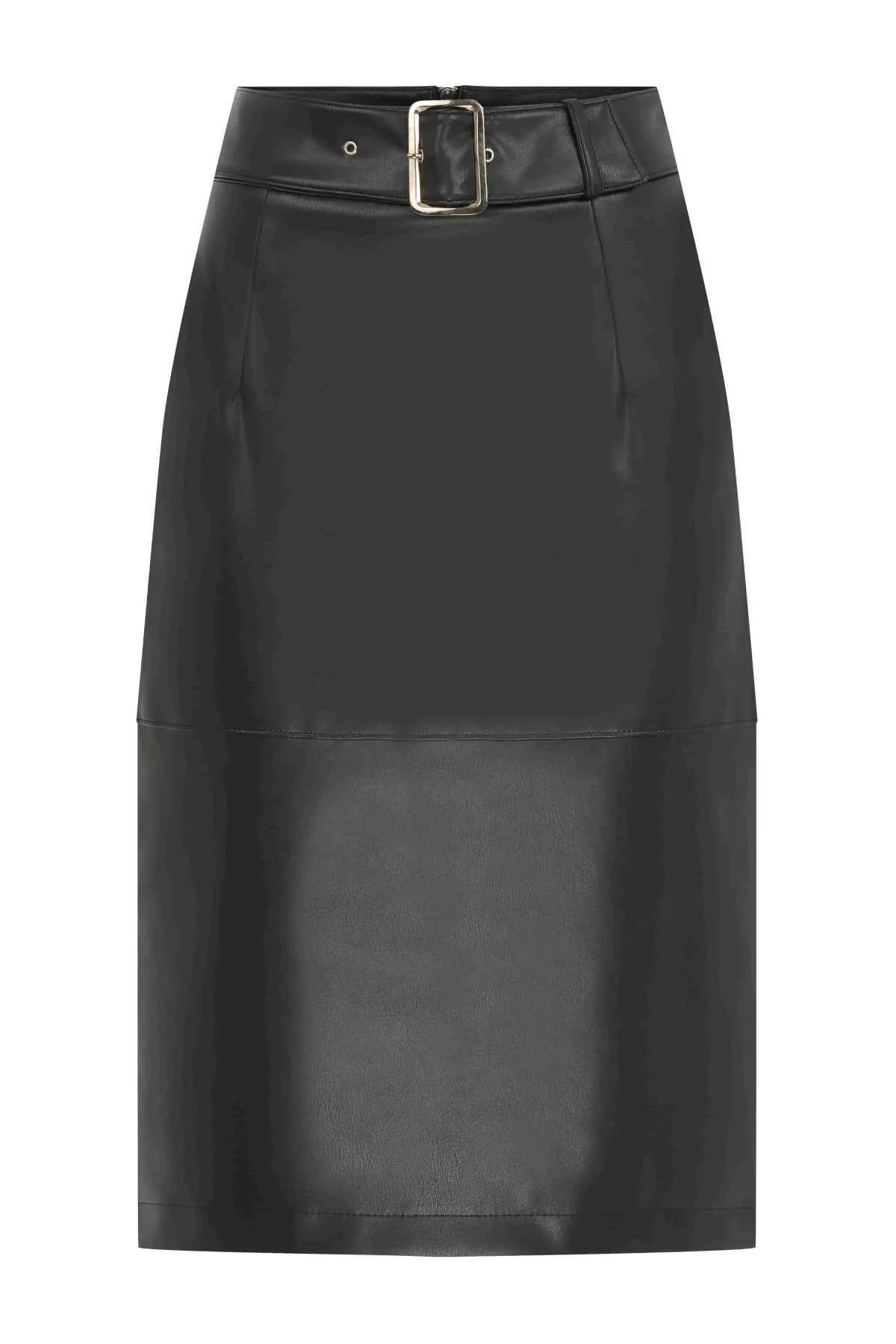 Buckle Faux Leather Midi Skirt Black