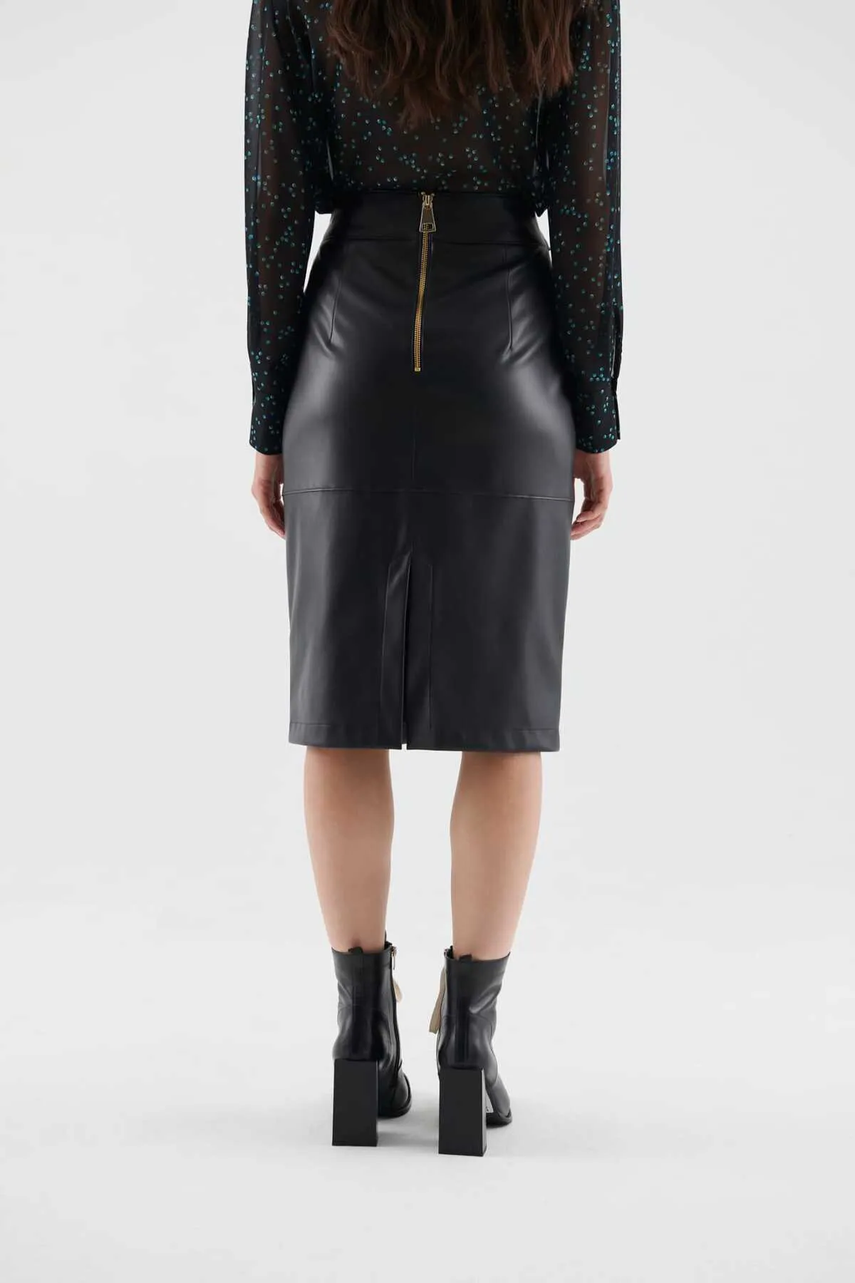 Buckle Faux Leather Midi Skirt Black