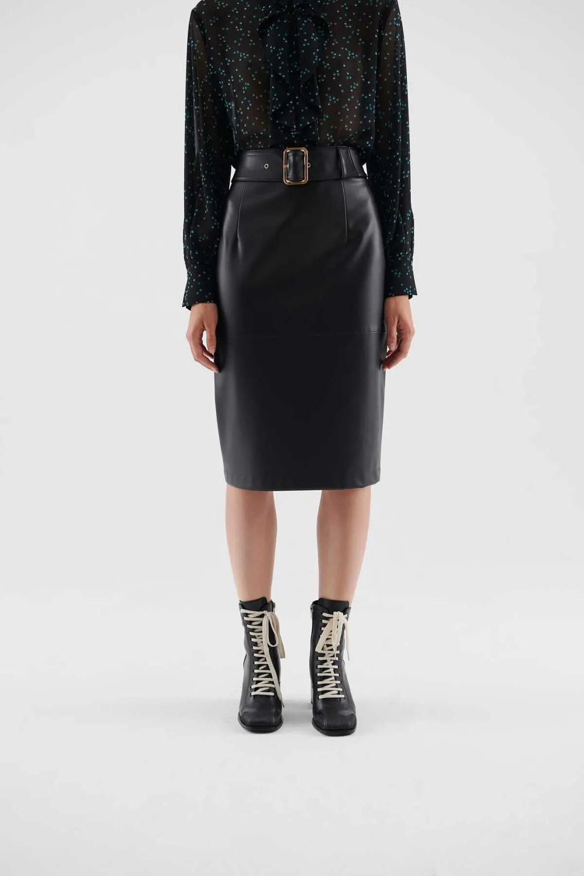Buckle Faux Leather Midi Skirt Black