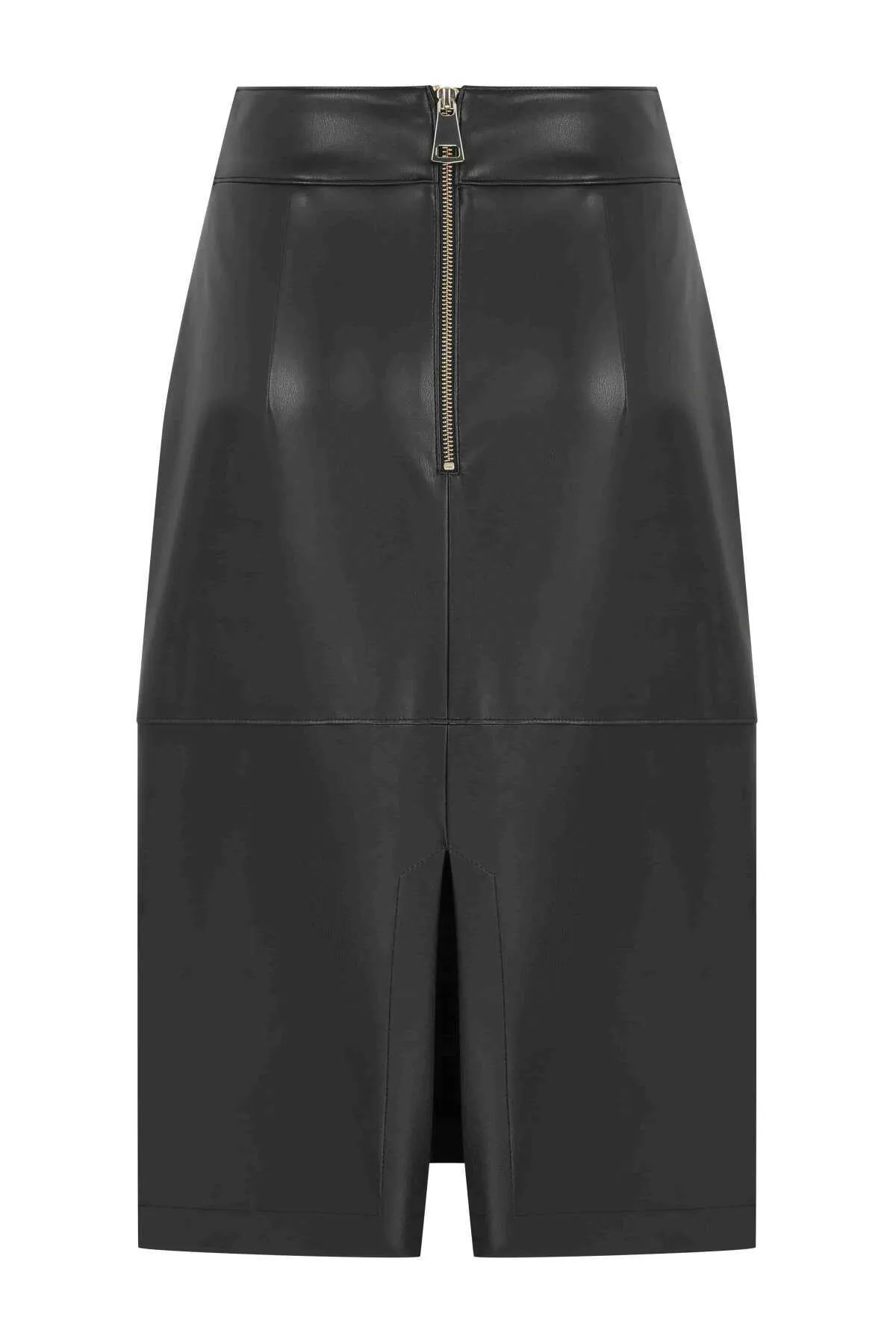 Buckle Faux Leather Midi Skirt Black