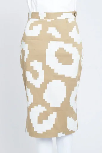 Camel and White Geometric Print Pencil Skirt
