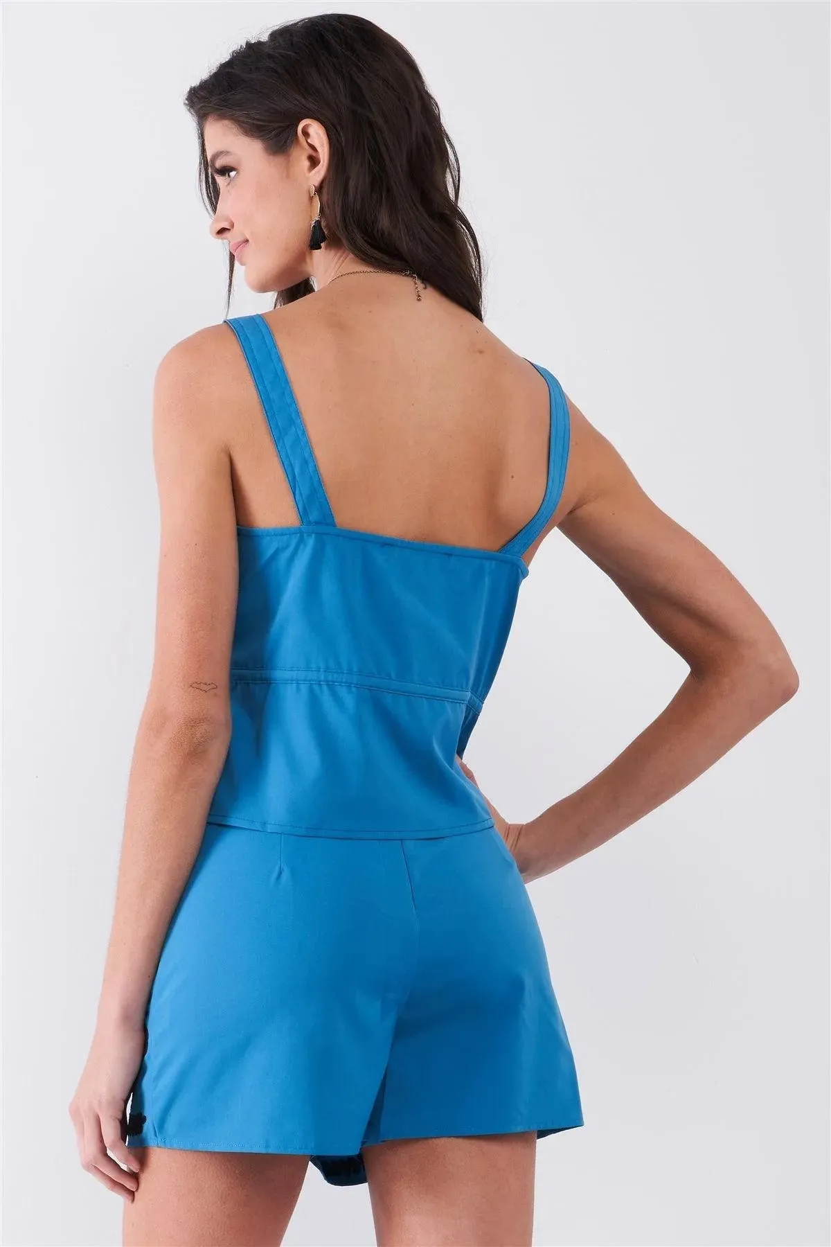 Cerulean Blue Embroidered Sleeveless Self-Tie Crop Top & High Waist Mini Shorts Set /1-2-2-1