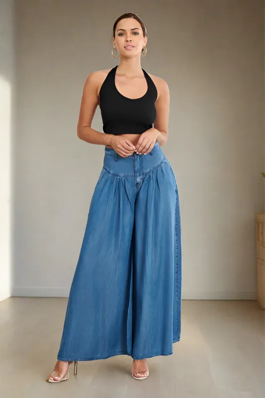 Chambray High Waisted Wide Jean