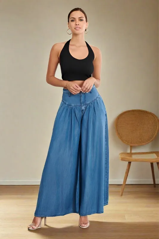 Chambray High Waisted Wide Jean