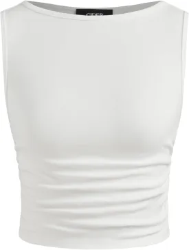 CIDER Boat Neck Ruched Solid Crop Tank Top