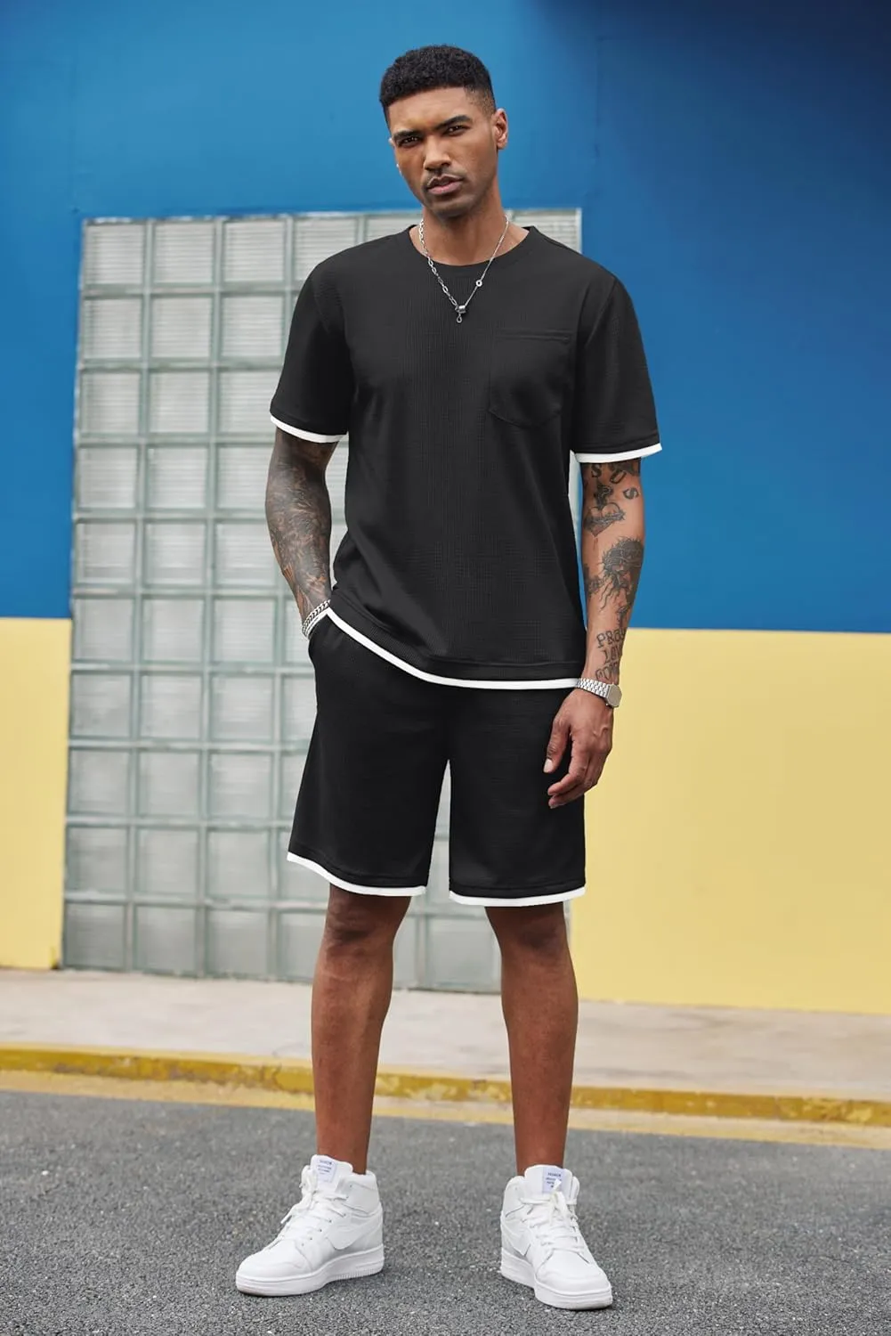 COOFANDY Men's Waffle Shirt and Shorts Set 2 Piece Outfits Casual Summer Tracksuits Set with Pockets