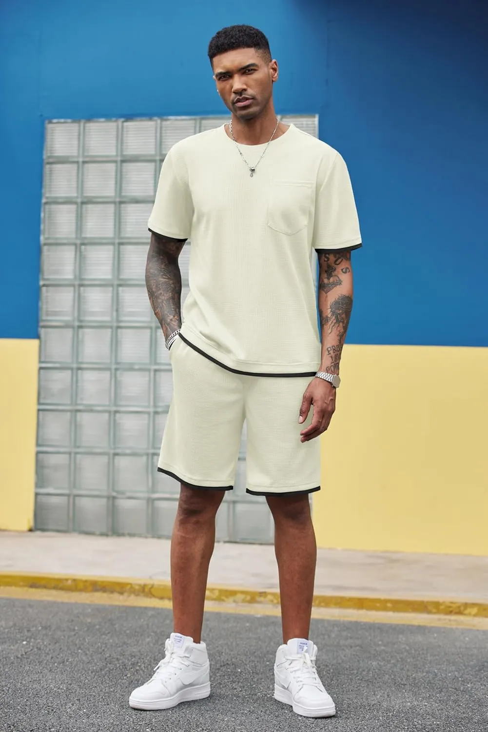 COOFANDY Men's Waffle Shirt and Shorts Set 2 Piece Outfits Casual Summer Tracksuits Set with Pockets