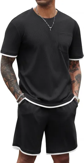 COOFANDY Men's Waffle Shirt and Shorts Set 2 Piece Outfits Casual Summer Tracksuits Set with Pockets
