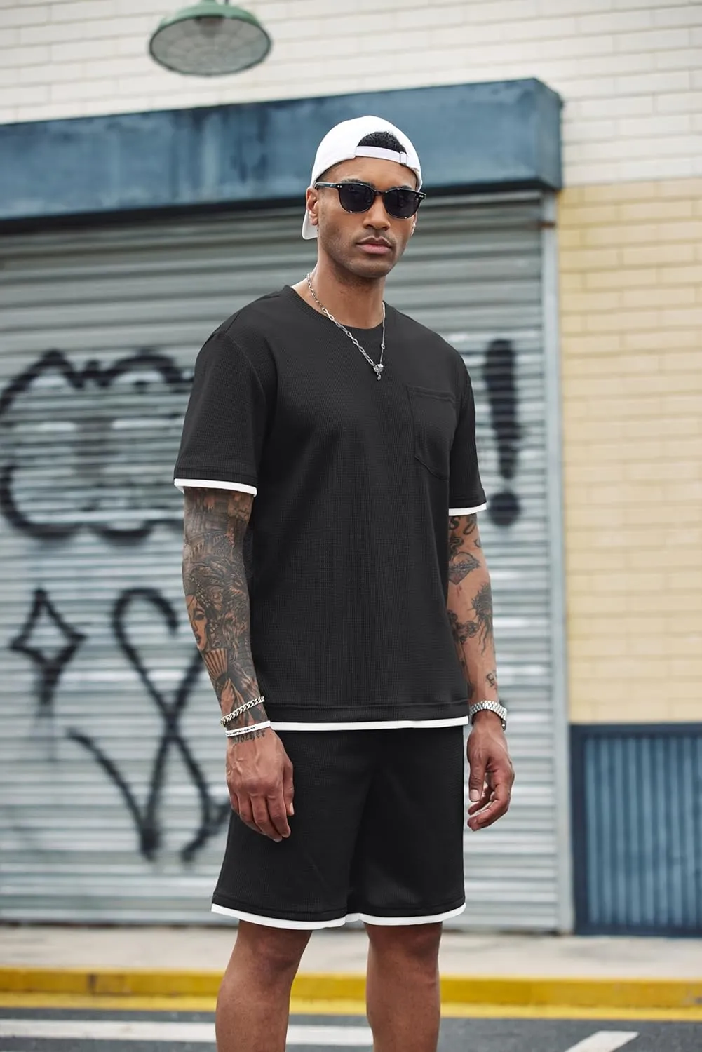 COOFANDY Men's Waffle Shirt and Shorts Set 2 Piece Outfits Casual Summer Tracksuits Set with Pockets