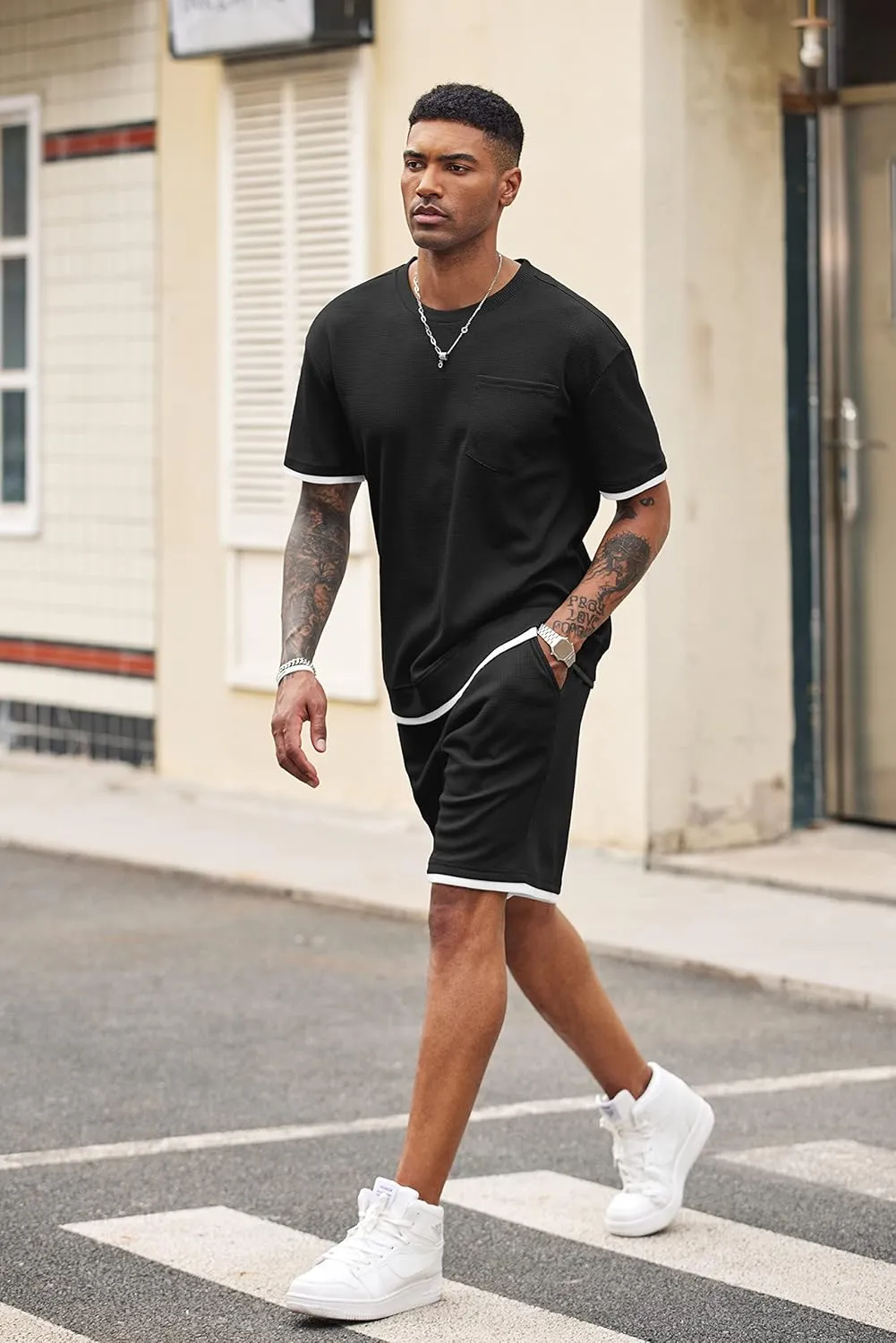 COOFANDY Men's Waffle Shirt and Shorts Set 2 Piece Outfits Casual Summer Tracksuits Set with Pockets