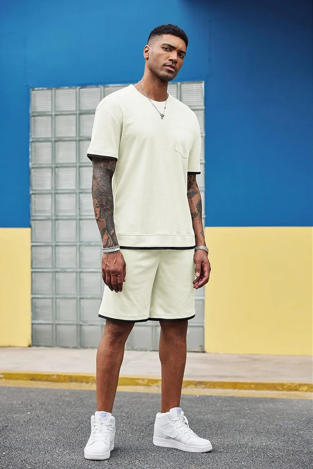 COOFANDY Men's Waffle Shirt and Shorts Set 2 Piece Outfits Casual Summer Tracksuits Set with Pockets