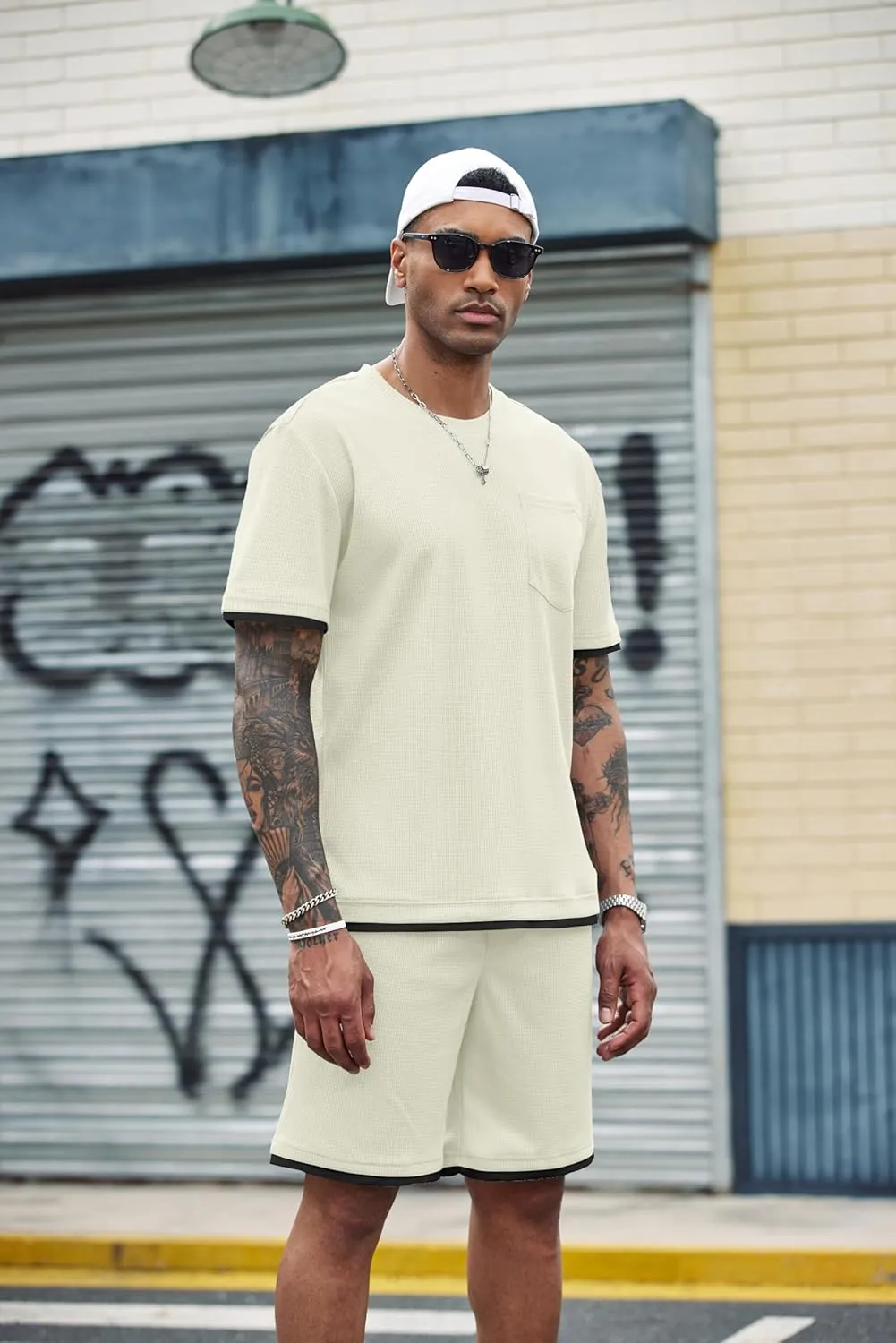 COOFANDY Men's Waffle Shirt and Shorts Set 2 Piece Outfits Casual Summer Tracksuits Set with Pockets