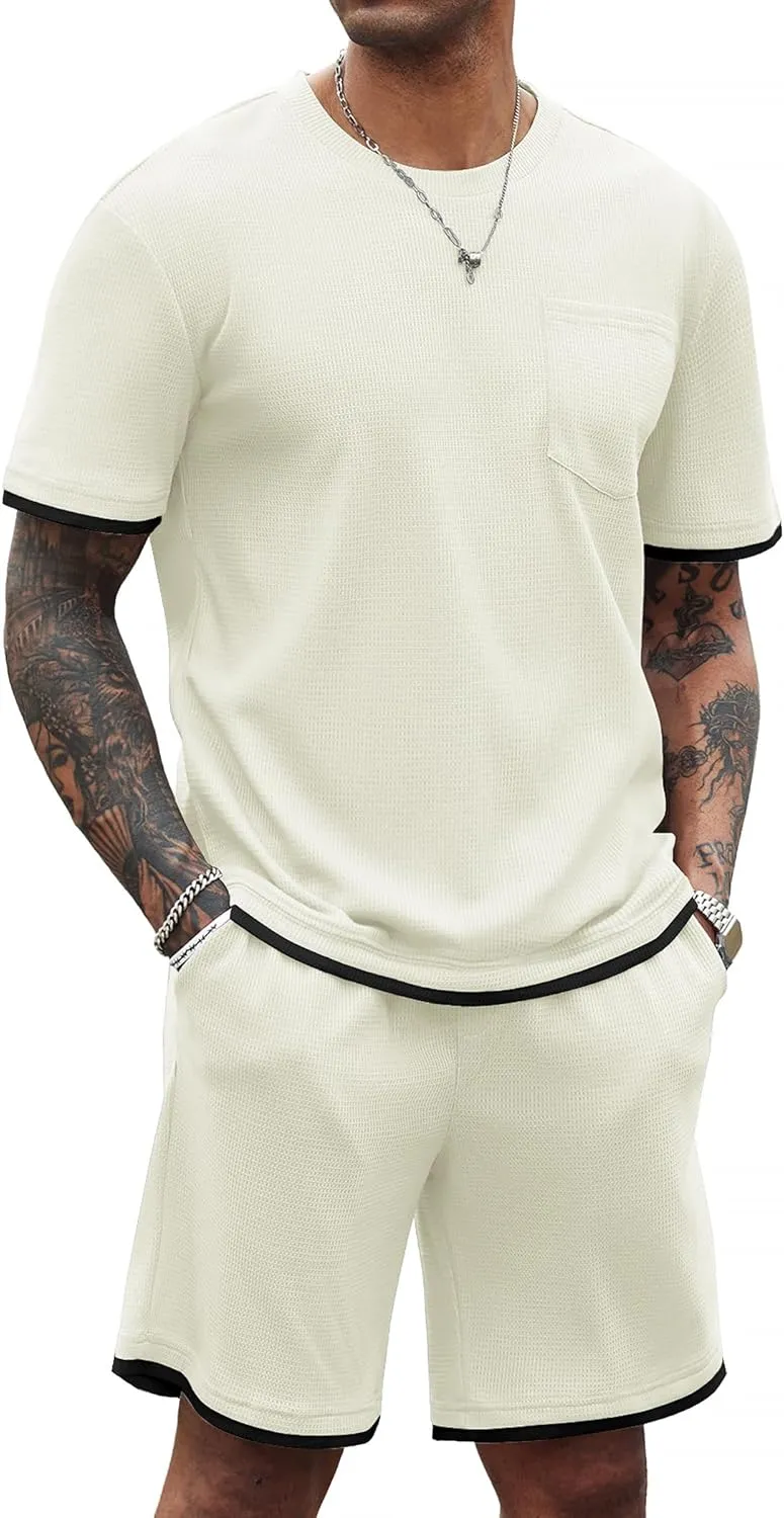 COOFANDY Men's Waffle Shirt and Shorts Set 2 Piece Outfits Casual Summer Tracksuits Set with Pockets