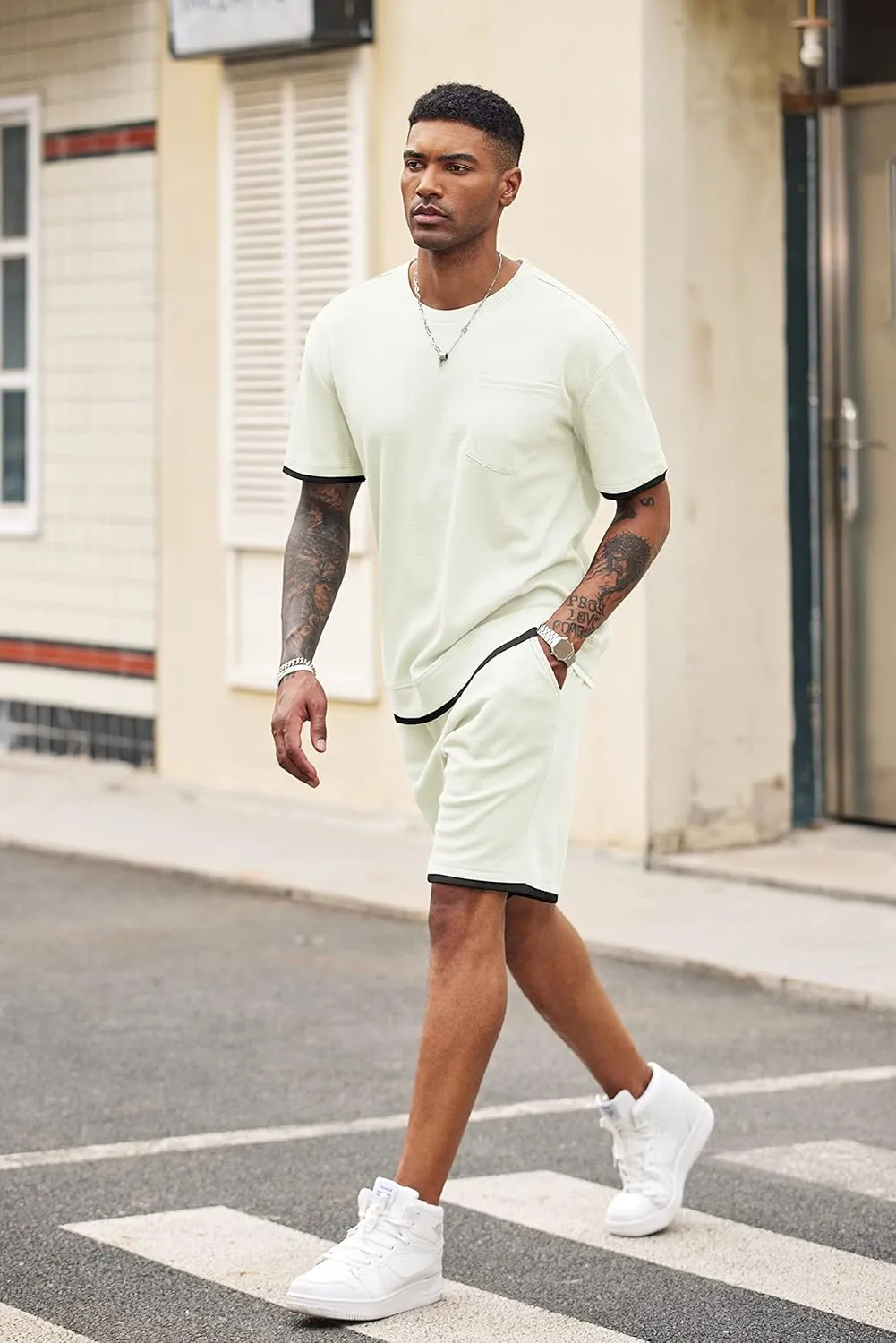 COOFANDY Men's Waffle Shirt and Shorts Set 2 Piece Outfits Casual Summer Tracksuits Set with Pockets