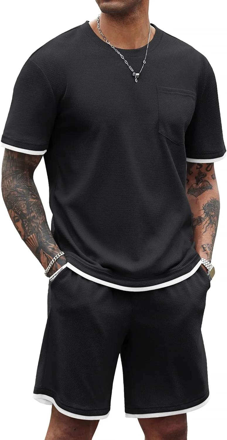 COOFANDY Men's Waffle Shirt and Shorts Set 2 Piece Outfits Casual Summer Tracksuits Set with Pockets