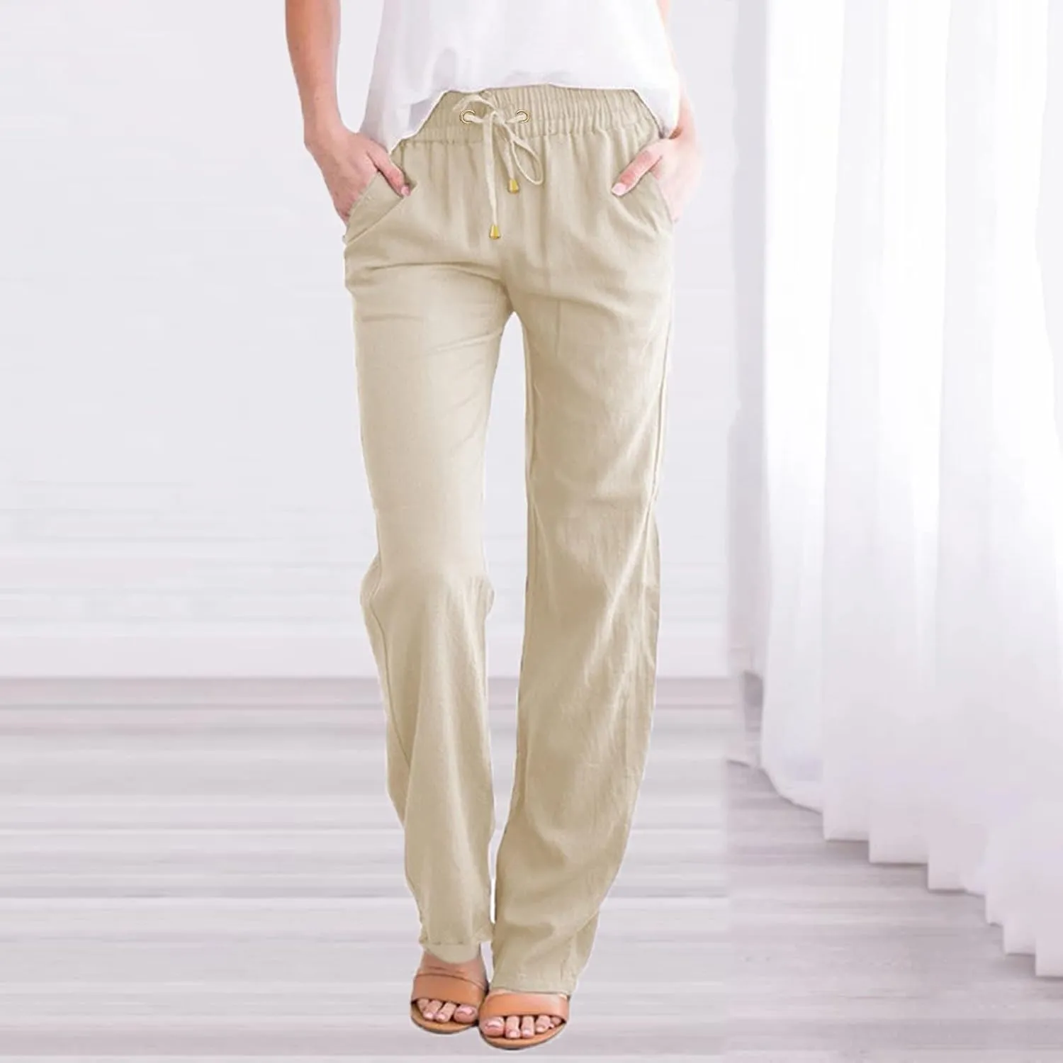 Cotton Linen Pants for Women High Waisted Drawstring Straight Leg Casual Pant Tapered Lounge Trousers with Pockets
