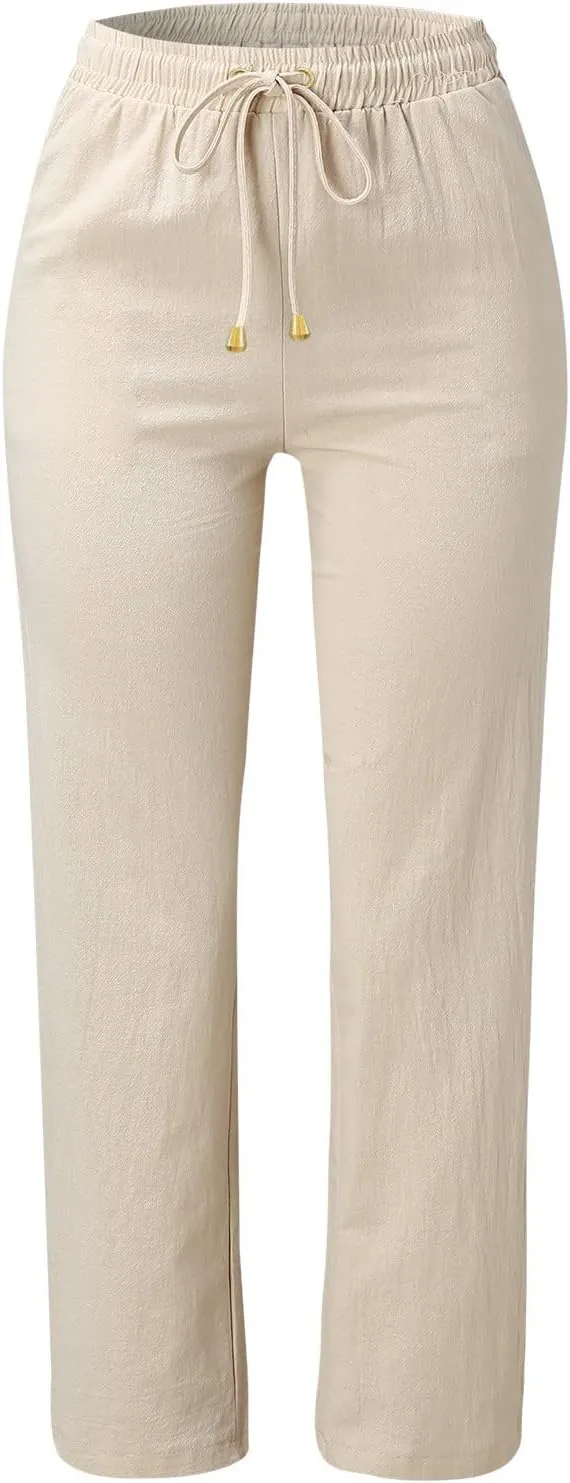Cotton Linen Pants for Women High Waisted Drawstring Straight Leg Casual Pant Tapered Lounge Trousers with Pockets