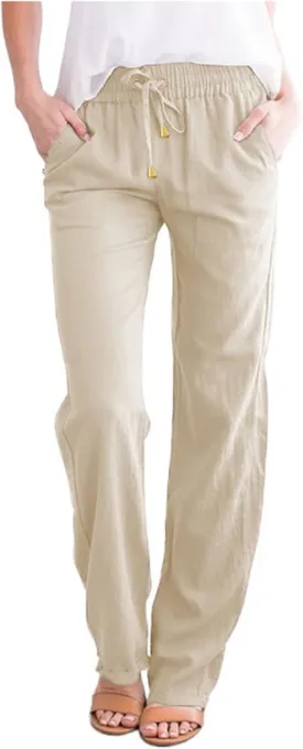 Cotton Linen Pants for Women High Waisted Drawstring Straight Leg Casual Pant Tapered Lounge Trousers with Pockets