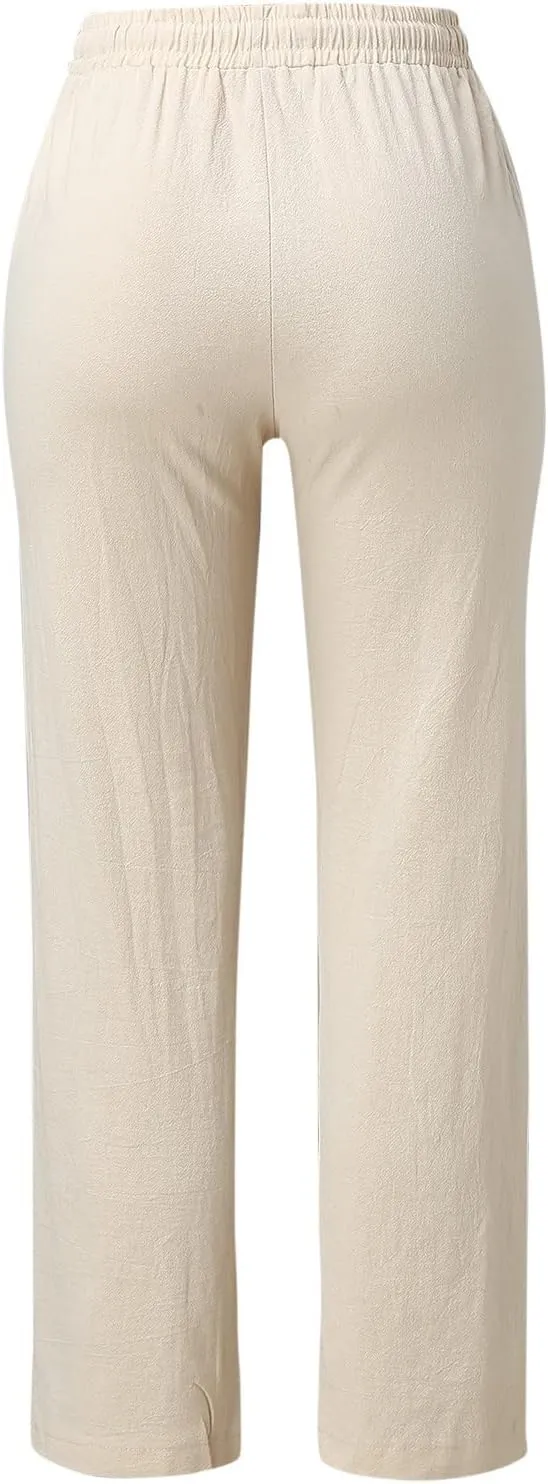 Cotton Linen Pants for Women High Waisted Drawstring Straight Leg Casual Pant Tapered Lounge Trousers with Pockets