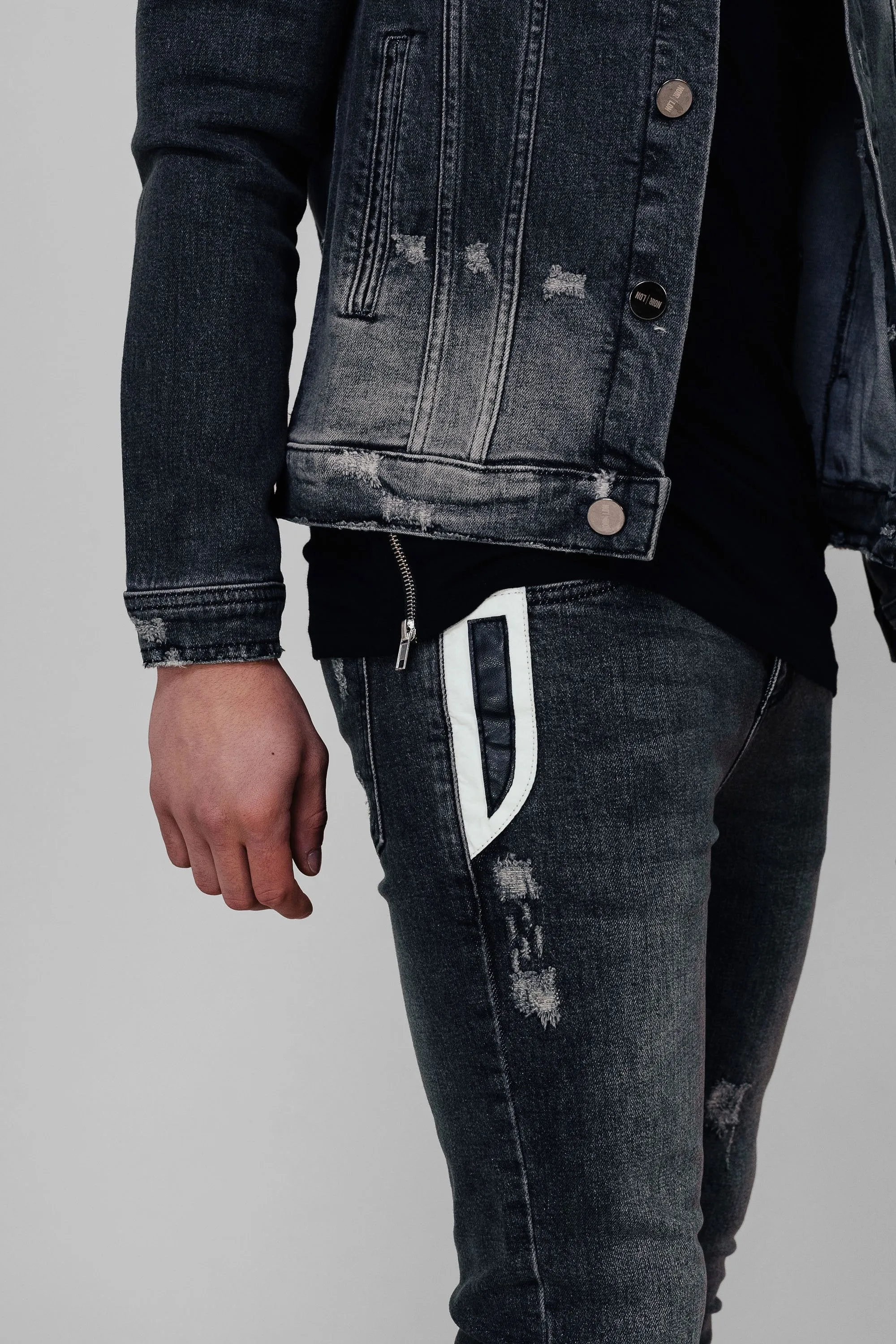 DENIM LEATHER PANEL JEANS