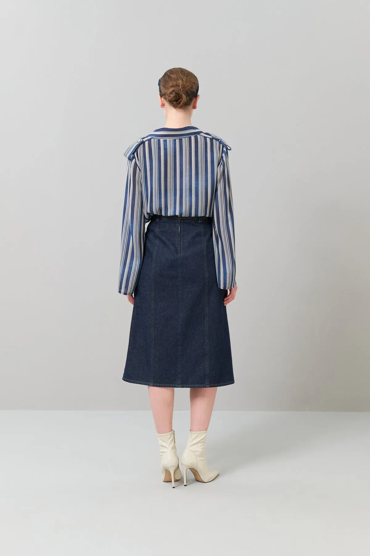 Denim Midi Length Skirt with Accessories Navy Blue