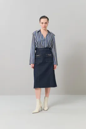 Denim Midi Length Skirt with Accessories Navy Blue