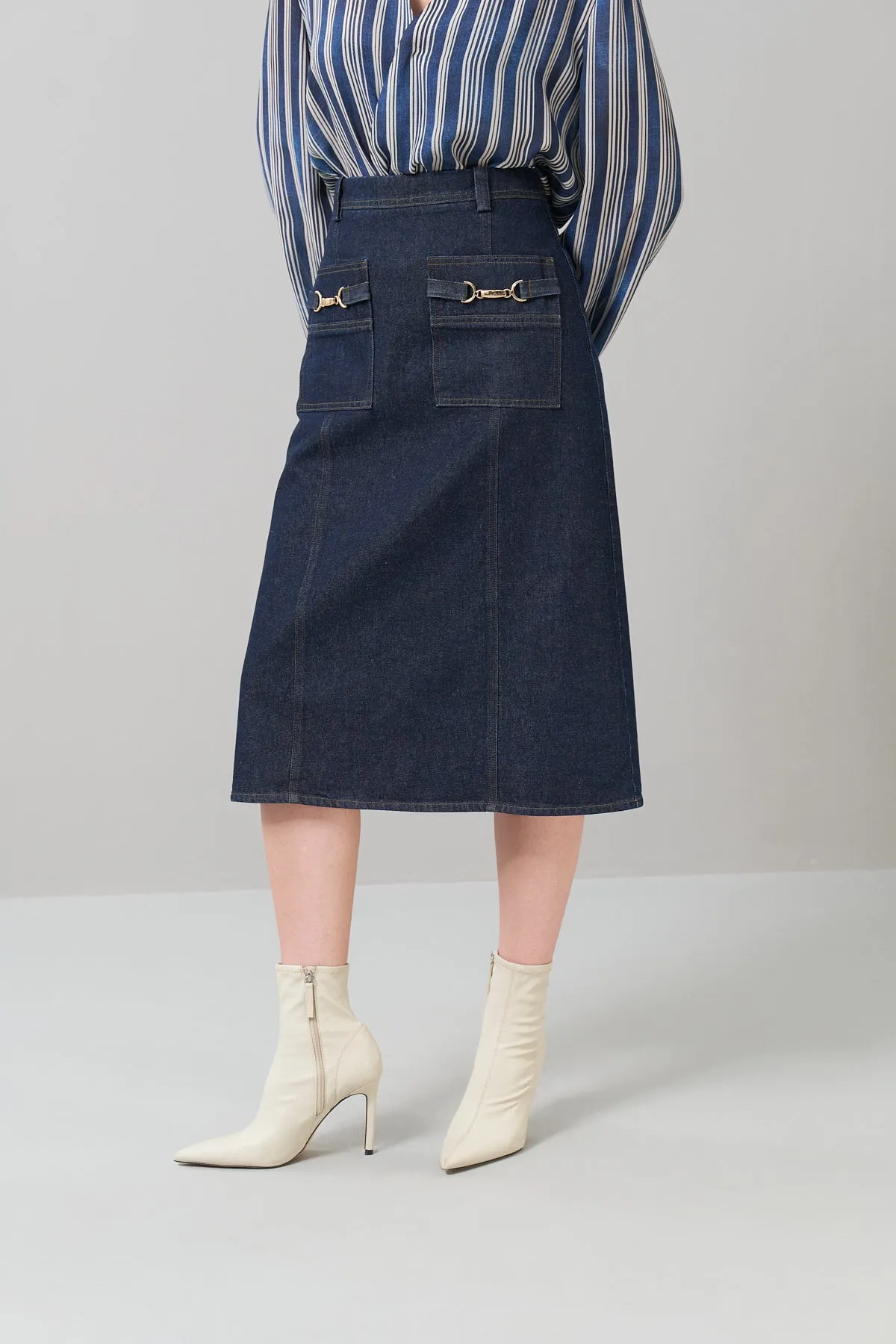 Denim Midi Length Skirt with Accessories Navy Blue