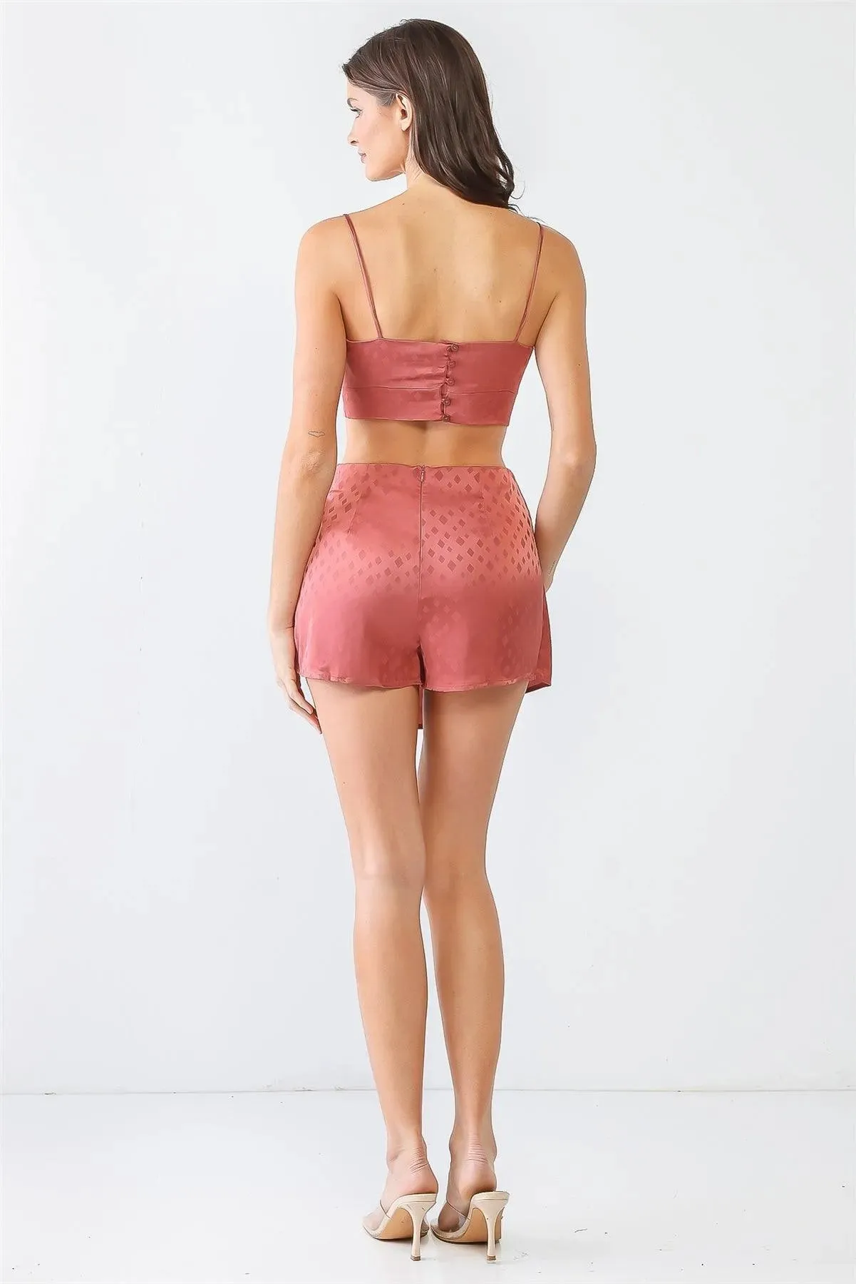 Diamond Print Satin Crop Top & Wrap Hem Shorts Set