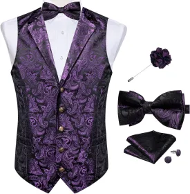 DiBanGu 5PCS Men's Suit Vest and Bow Tie Pocket Square Cufflinks Lapel Pin Set Shawl Collar Paisley Waistcoat Wedding Party