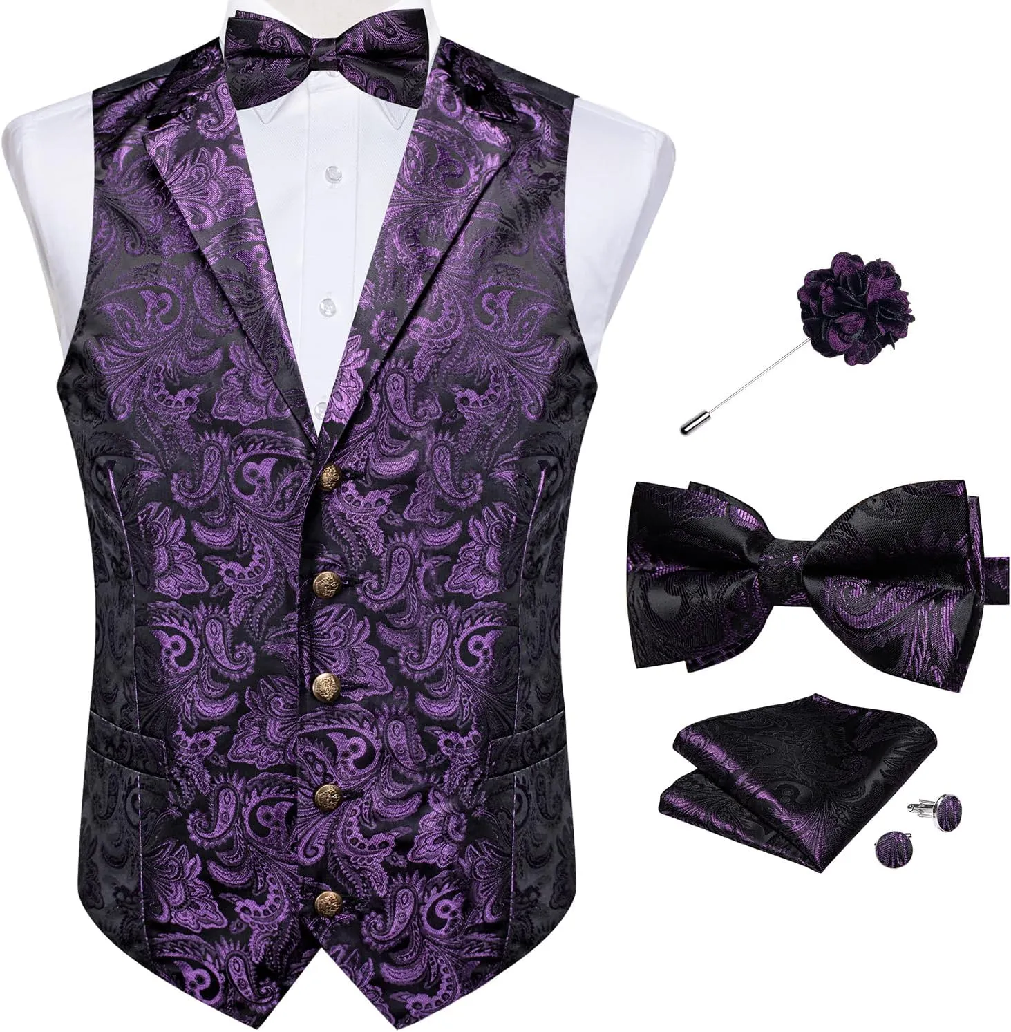 DiBanGu 5PCS Men's Suit Vest and Bow Tie Pocket Square Cufflinks Lapel Pin Set Shawl Collar Paisley Waistcoat Wedding Party
